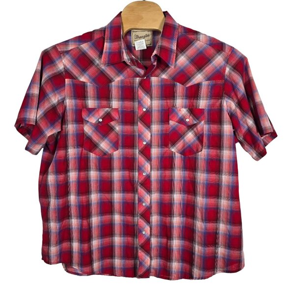 Wrangler Men's‎ 2XL Pearl Snap Shirt Red Plaid Western Short Sleeves - Picture 2 of 6